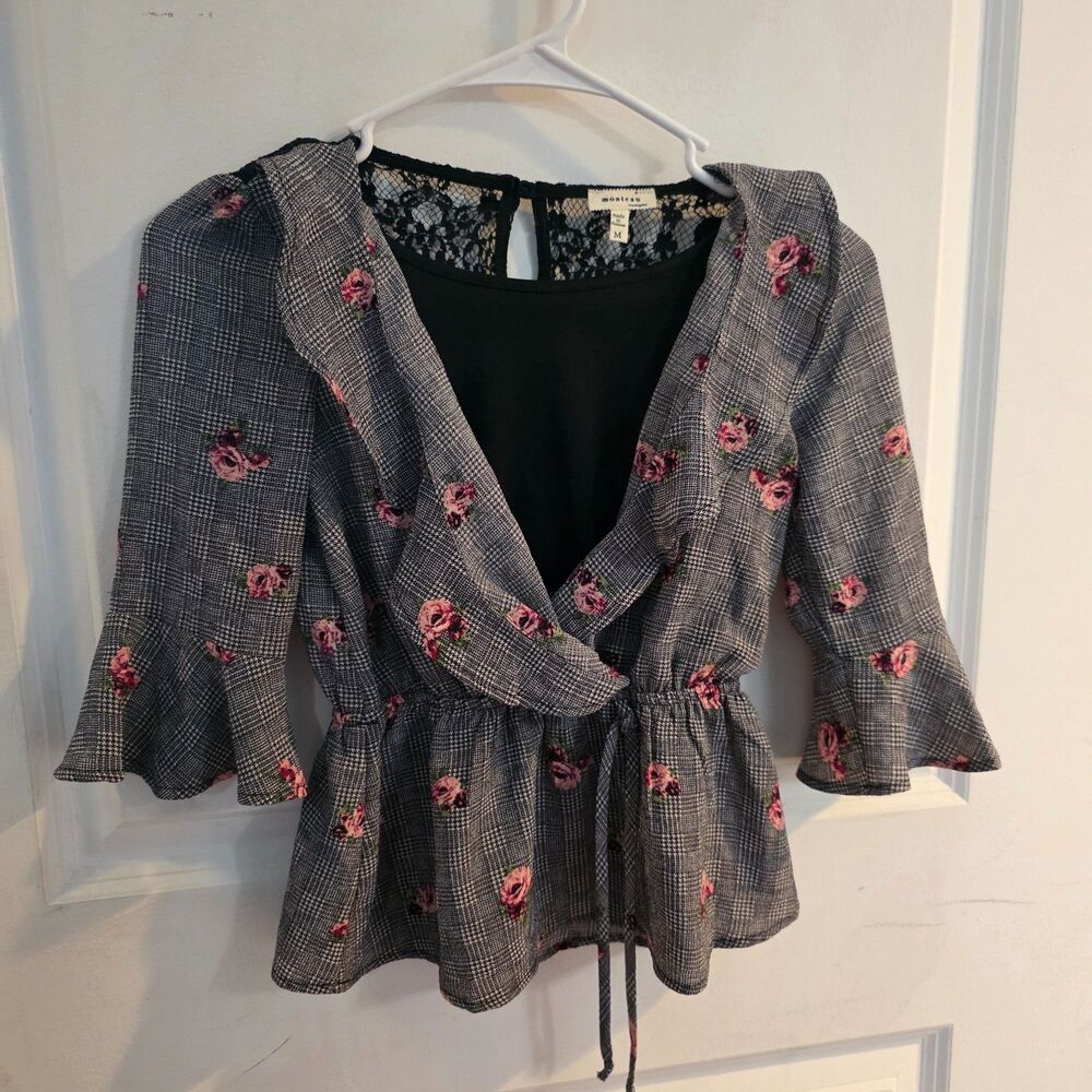 Monteau Los Angeles Floral Plaid Peplum Blouse Lace Back Bell Sleeve Medium